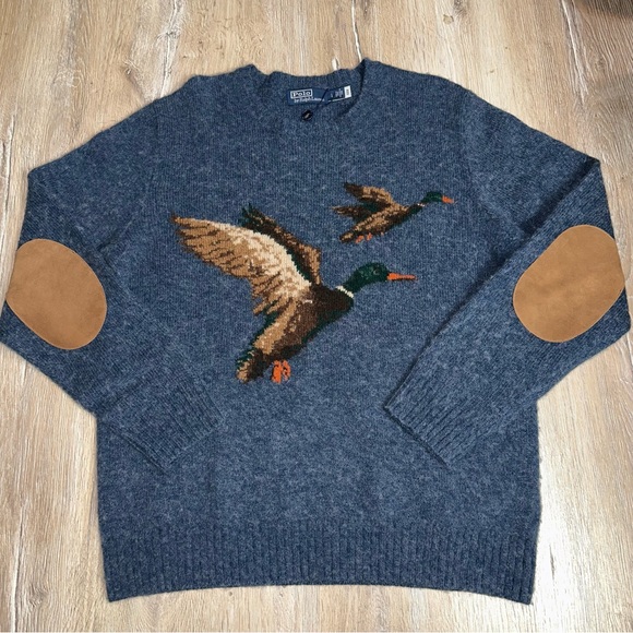 Polo Ralph Lauren Men’s Mallard Duck Wool Suede Elbow Patch’s Sweater Large Blue - Picture 2 of 14